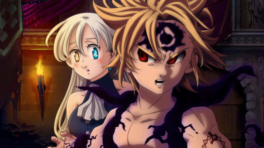 A Couple Of Anime Characters Standing In Front Of A Dark Room Wallpaper