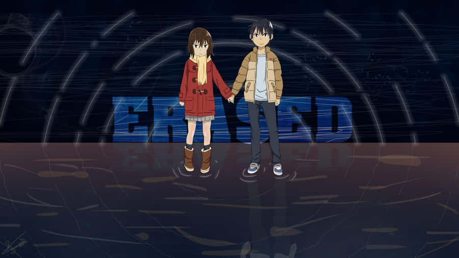 A Couple Of People Standing In Front Of A Dark Background Wallpaper