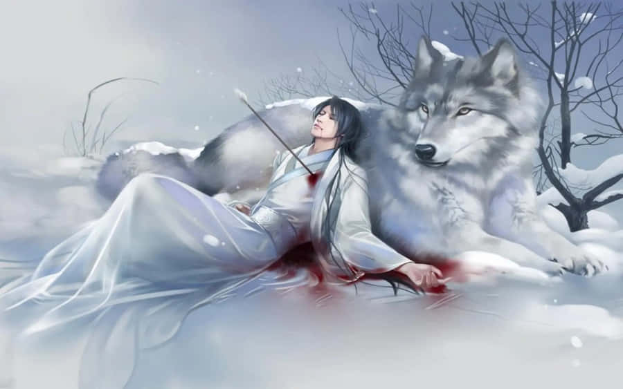 A Cute Anime Wolf Girl Stares Deep Into The Night Wallpaper