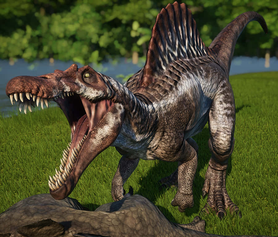 A Dinosaur Is Standing In The Grass With Its Mouth Open Wallpaper