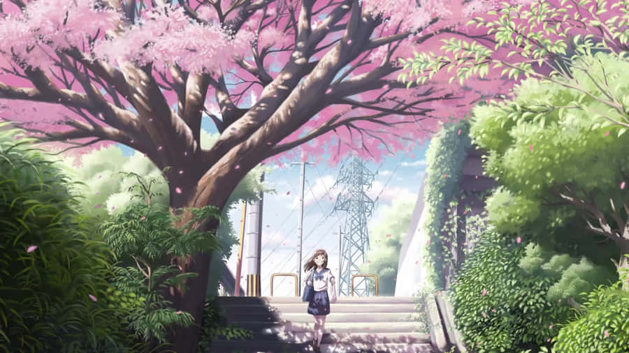 A Field Of Pink Sakura Flowers With A Lovely Heavenly Sky In The Backdrop Wallpaper