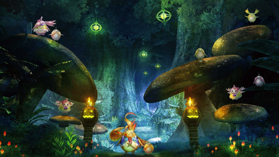 A Forest With Many Mushrooms And A Lot Of Lights Wallpaper