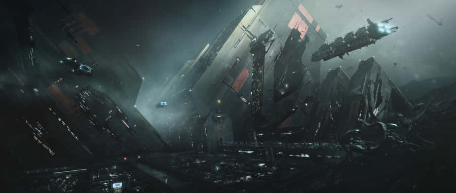 A Futuristic City With A Large Spaceship Wallpaper