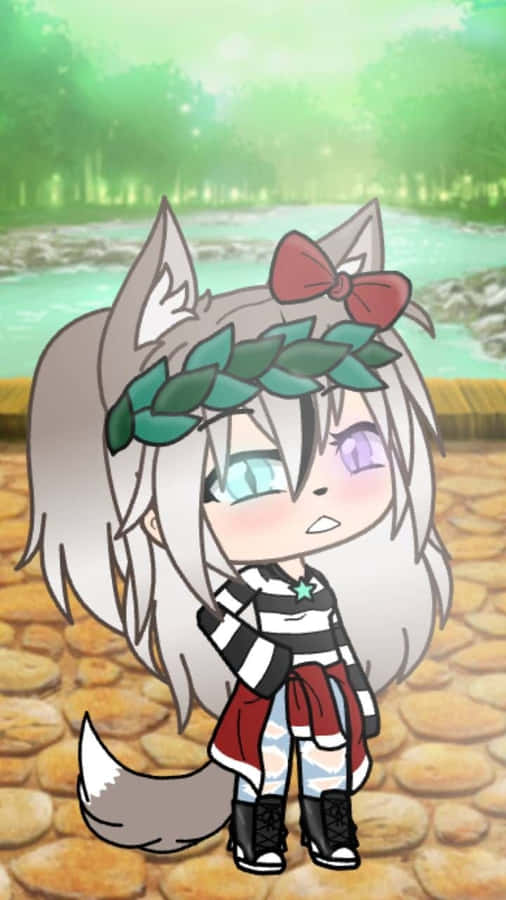 A Girl In A Striped Outfit Standing In A Wooded Area Wallpaper