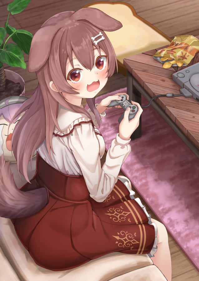 A Girl Sitting On A Couch With A Remote Control Wallpaper