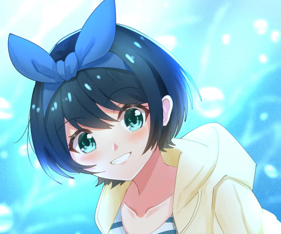 A Girl With Blue Hair And A Bow Wallpaper