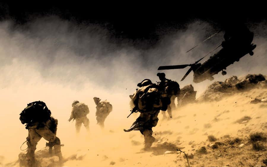 A Group Of Soldiers Walking Down A Hill With A Helicopter Wallpaper