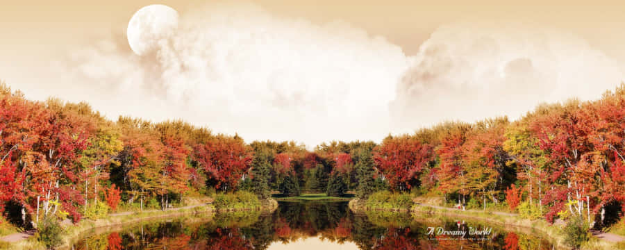 A Lake With Trees And A Moon Wallpaper