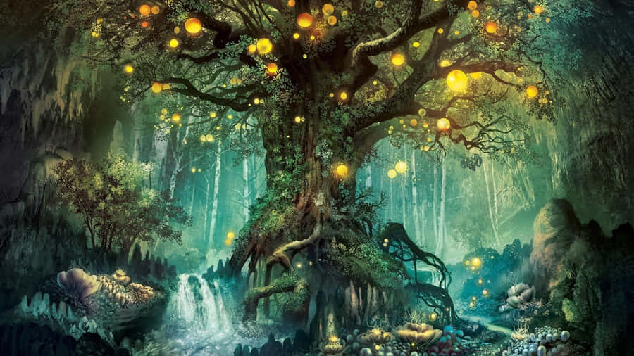 A Magical Scene In Fairy Forest Wallpaper