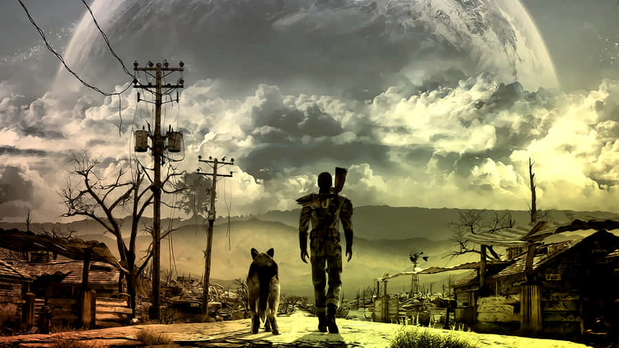 A Man And Woman Walking Down A Street With A Large Moon Wallpaper
