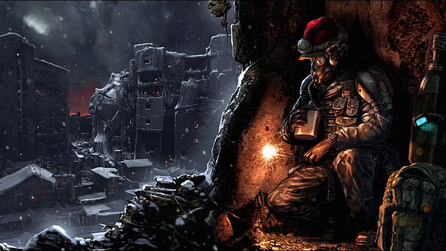 A Man Is Sitting In A Cave With A Flashlight Wallpaper