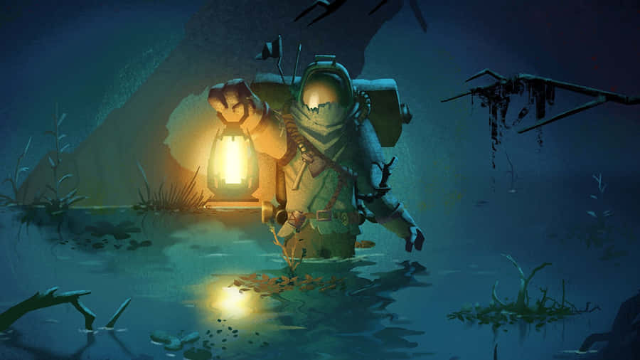 A Man Is Standing In The Water With A Lantern Wallpaper