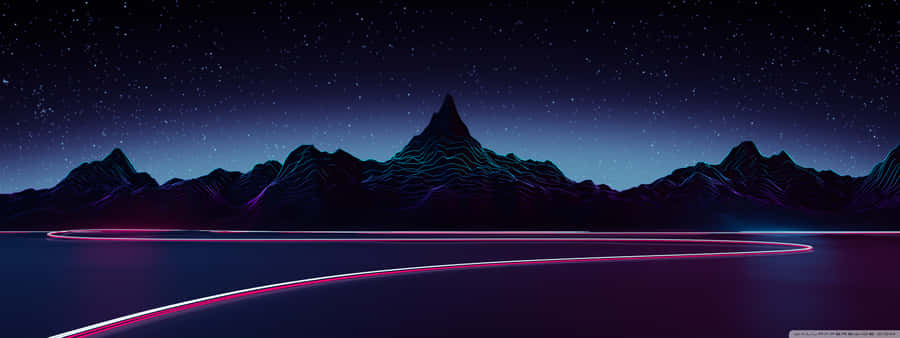 A Night Sky With A Neon Light And Mountains Wallpaper