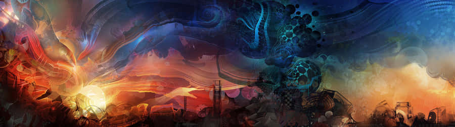 A Painting Of A City With A Fire Wallpaper