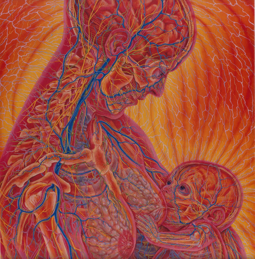 A Painting Of A Mother And Child In Red And Orange Wallpaper