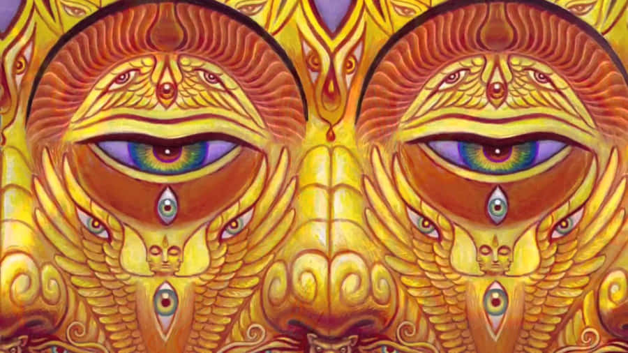 A Painting Of Three Eyes With A Yellow Background Wallpaper