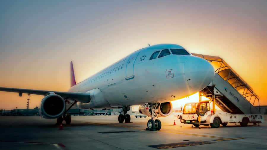 A Passenger Airplane Is Parked At An Airport Wallpaper