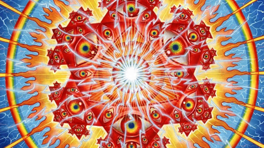 A Red And Blue Circular Design With A Blue Eye Wallpaper