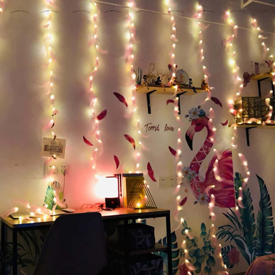 A Room With A Bed And A Wall With Lights Wallpaper