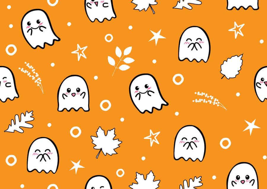 A Seamless Pattern With Ghosts And Leaves On An Orange Background Wallpaper