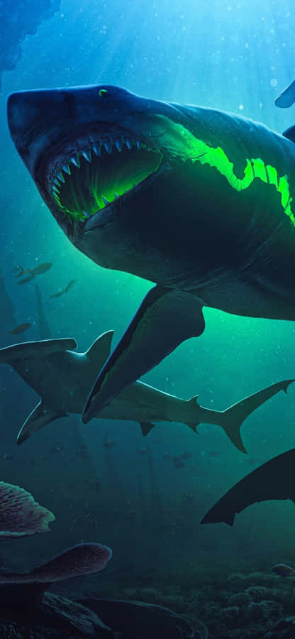 A Shark Swimming In The Ocean With Green Lights Wallpaper