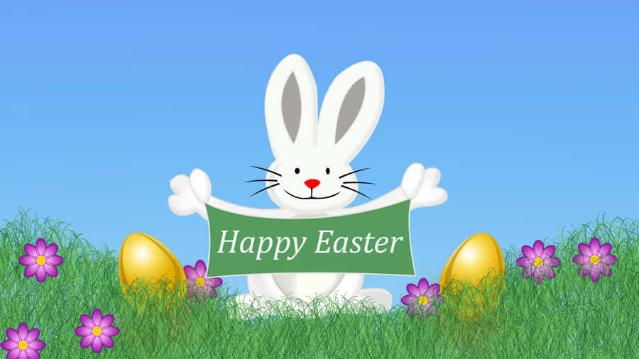 A White Bunny Holding A Sign With The Words Happy Easter Wallpaper