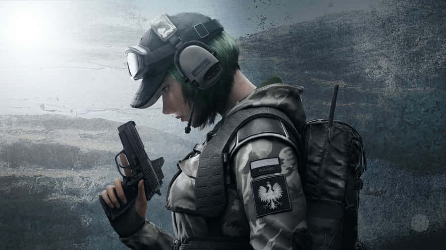 A Woman In A Green Uniform Holding A Gun Wallpaper
