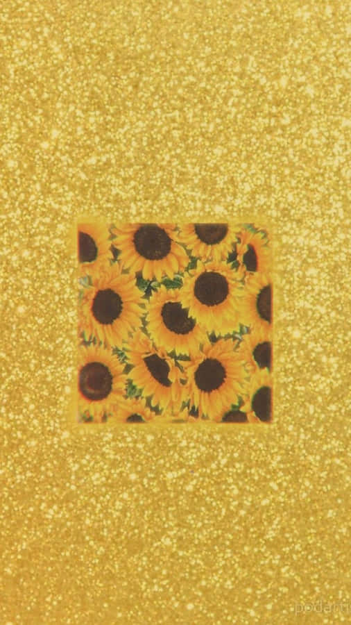 A Yellow Glittery Background With Sunflowers On It Wallpaper