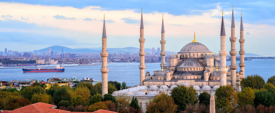 Aerial View Blue Mosque Ocean Wallpaper