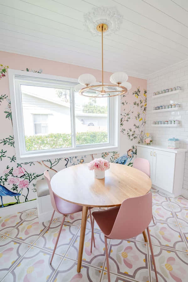 Aesthetic Pink And Yellow Flowers With Branches On Wall Wallpaper