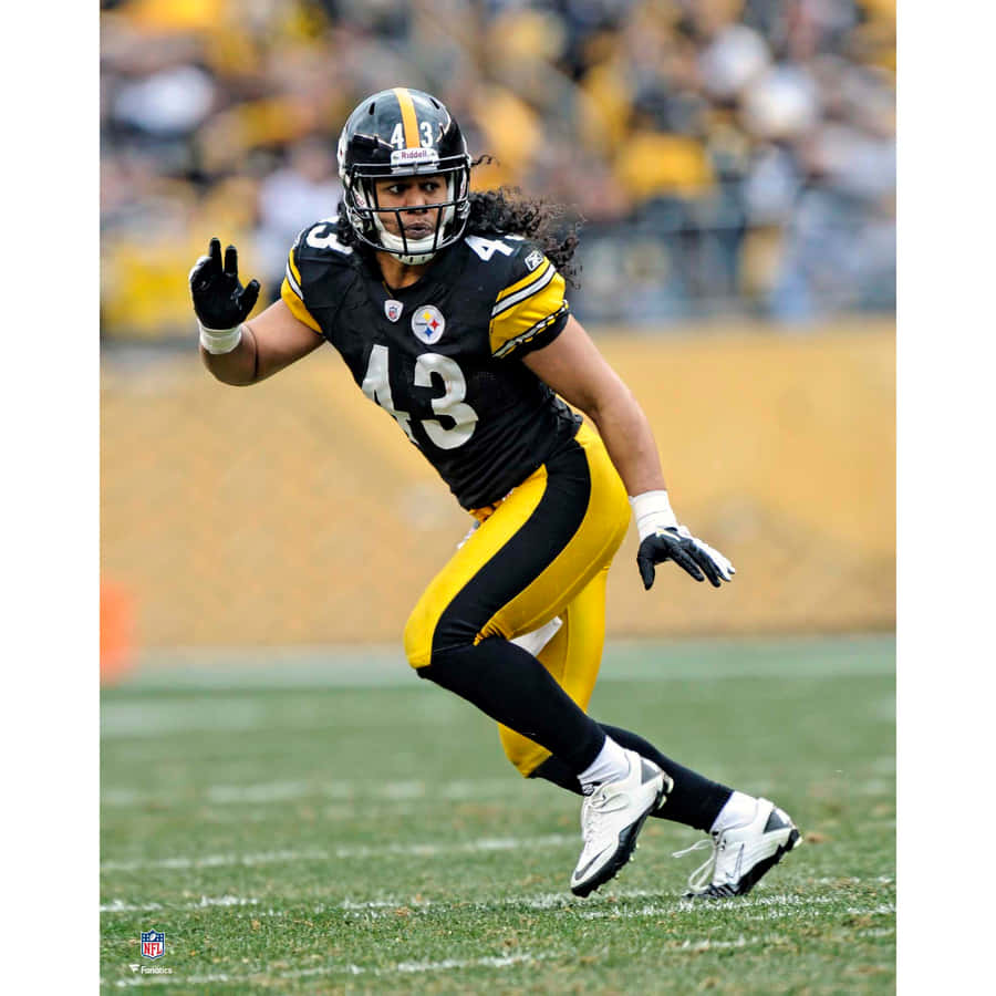All-pro Pittsburgh Steeler Safety Troy Polamalu In Action Wallpaper