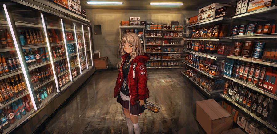 Anime Girl In Grocery Store Wallpaper