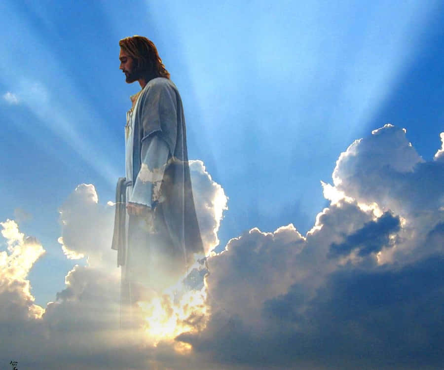 Ascending Jesus In Heaven Against Sunset Wallpaper