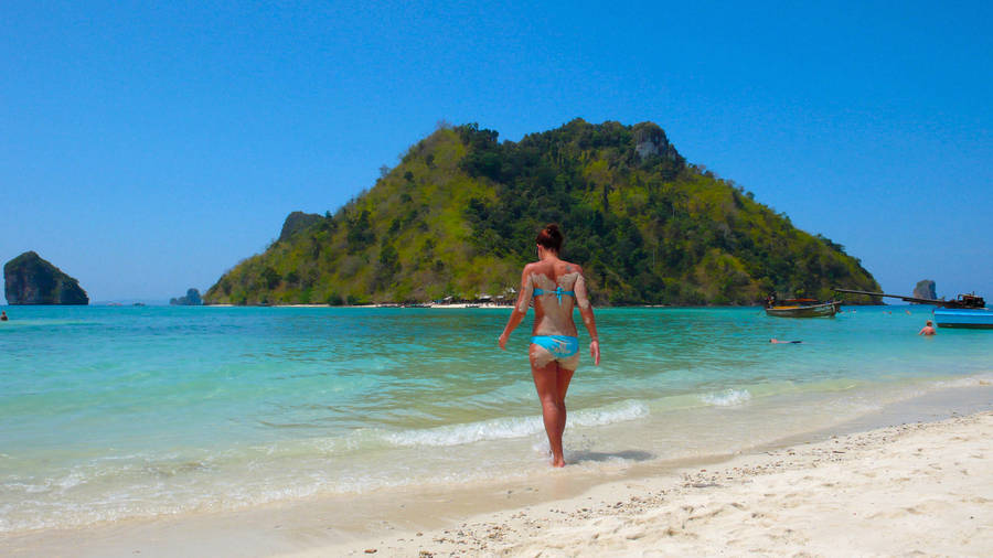Bikini Girl On Beach Shore Wallpaper