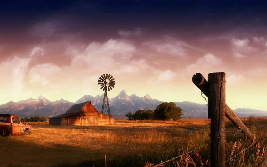 Broken Fences Near A Farmhouse Desktop Wallpaper