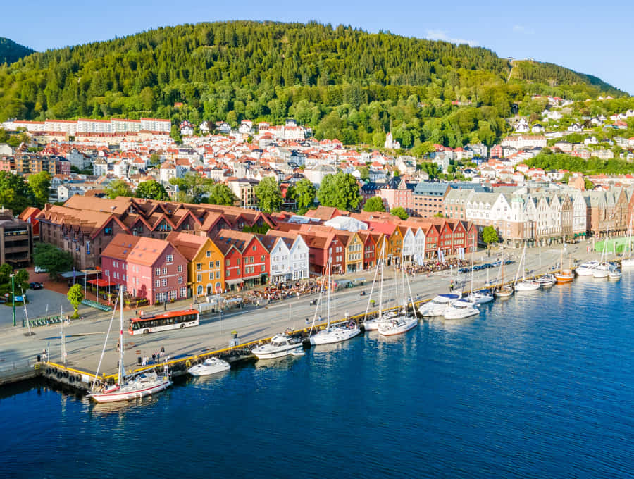 Bryggen Historic Harbor Aerial View Bergen Norway Wallpaper