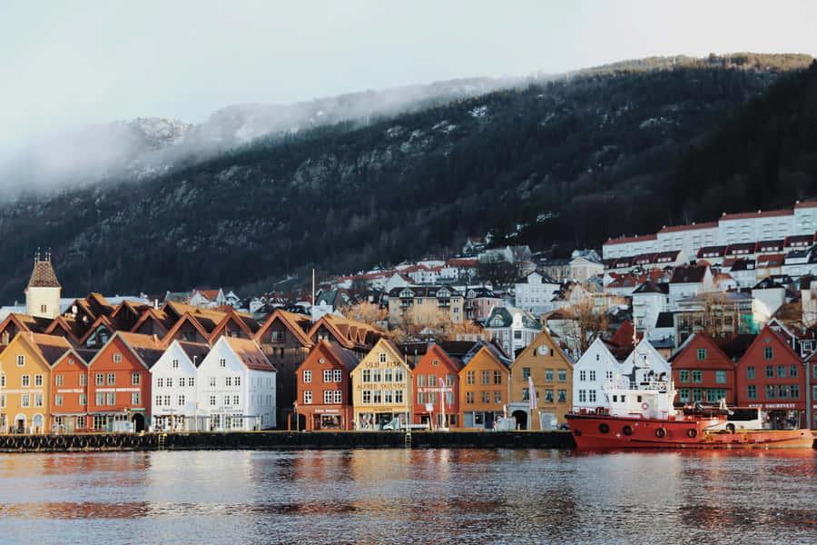 Bryggen Waterfront Reflections Wallpaper