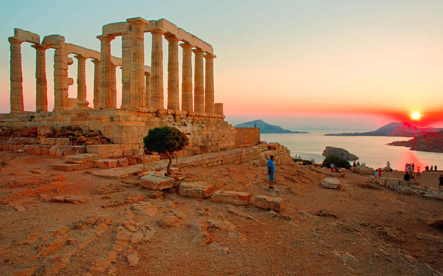 Cape Sounion Ruins Orange Sunset Wallpaper