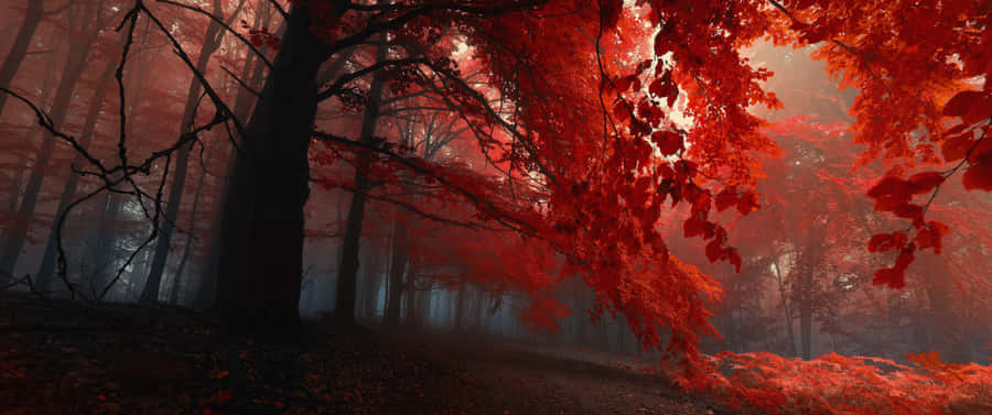 Captivating Forest Red Ultra Wide Hd Wallpaper