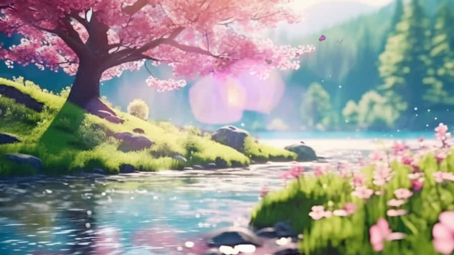 Cherry Blossom Riverside Anime Scene Wallpaper