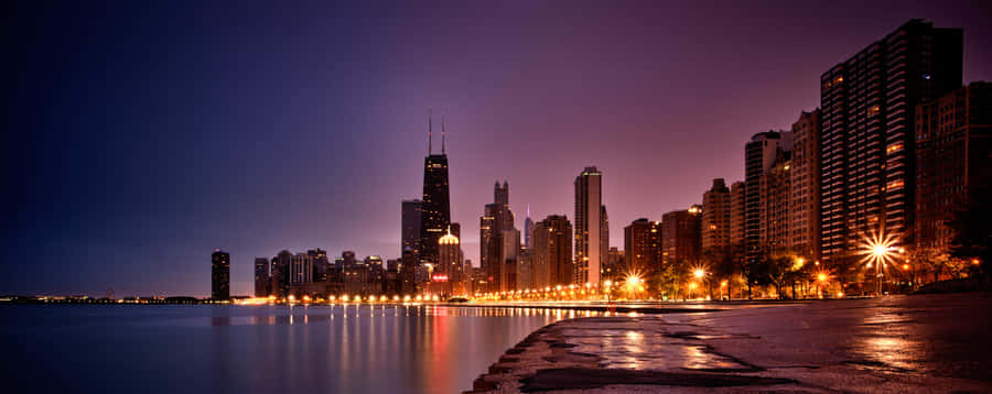 Chicago City Night By The Waterfront Wallpaper