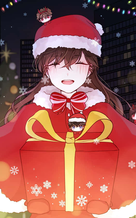 Christmas Anime Pfp Of Girl With Gift Wallpaper