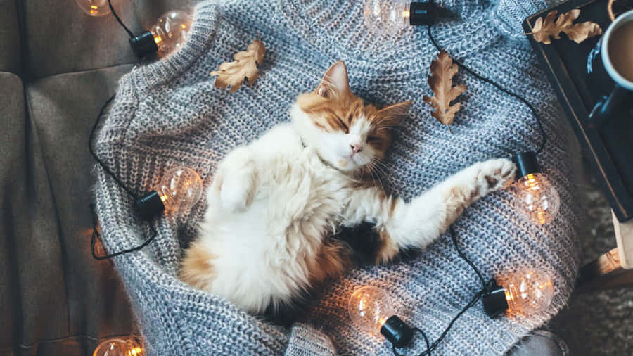 Cozy Cat Sleeping Winter Balnket Desktop Wallpaper