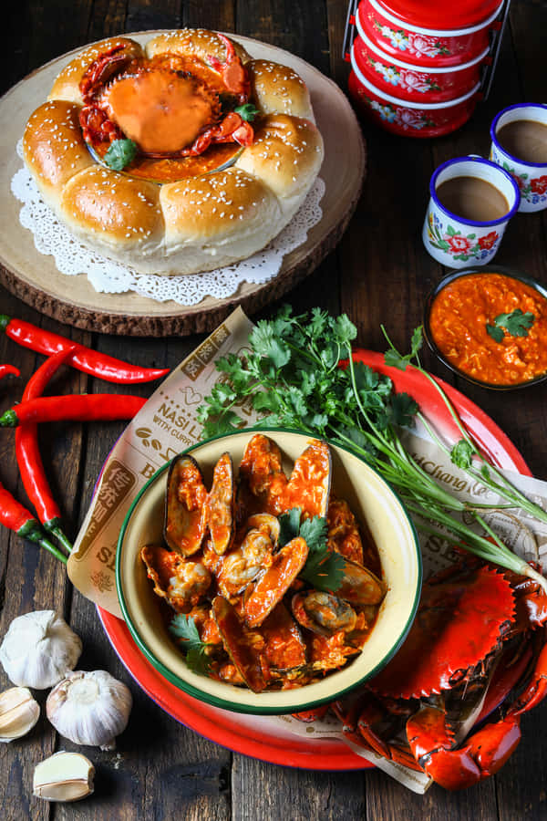 Delightful Mouth-watering Chilli Crab And Giant Mussels Wallpaper
