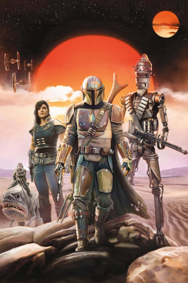 Din Djarin With Characters The Mandalorian Iphone Wallpaper