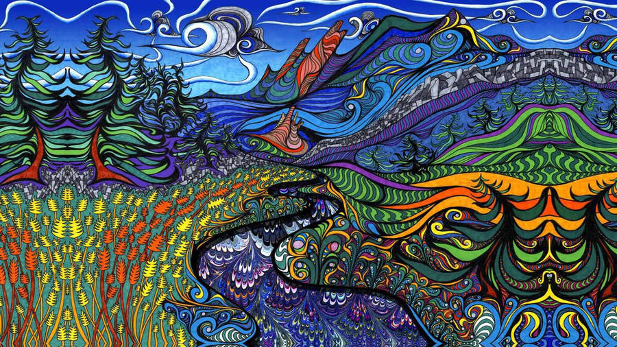 Exploring A Vibrant, Trippy Landscape Full Of Brilliant Colors. Wallpaper