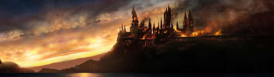 Fantasy_ Castle_ Sunset_ Fire_ Super_ Ultra_ Wide Wallpaper
