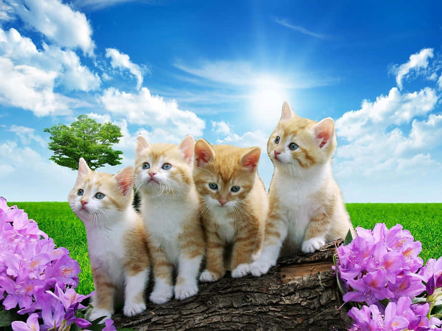 Four Kittens Sitting On A Log In The Grass Wallpaper