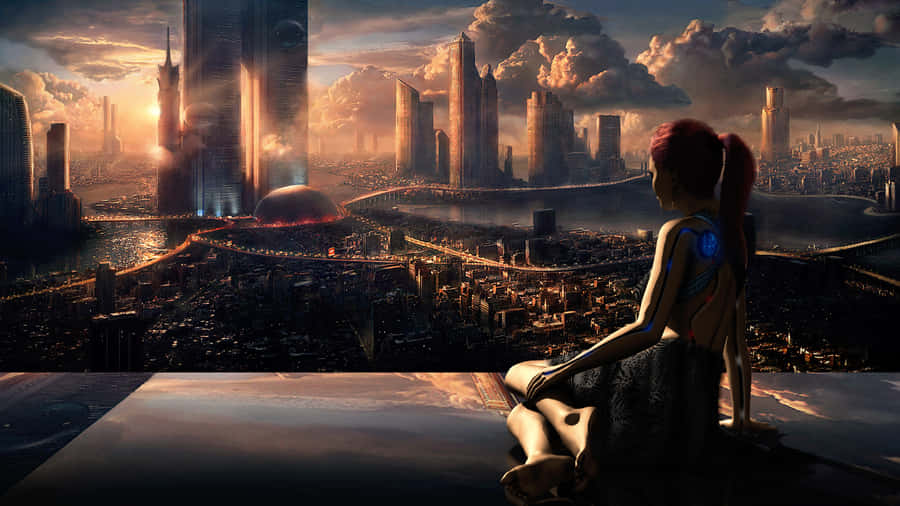 Future City Looking Girl Desktop Wallpaper