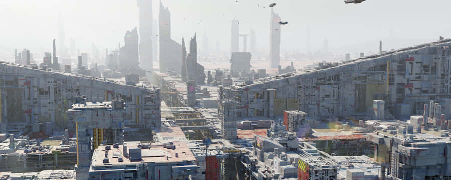 Futuristic City With Flying Drones Wallpaper